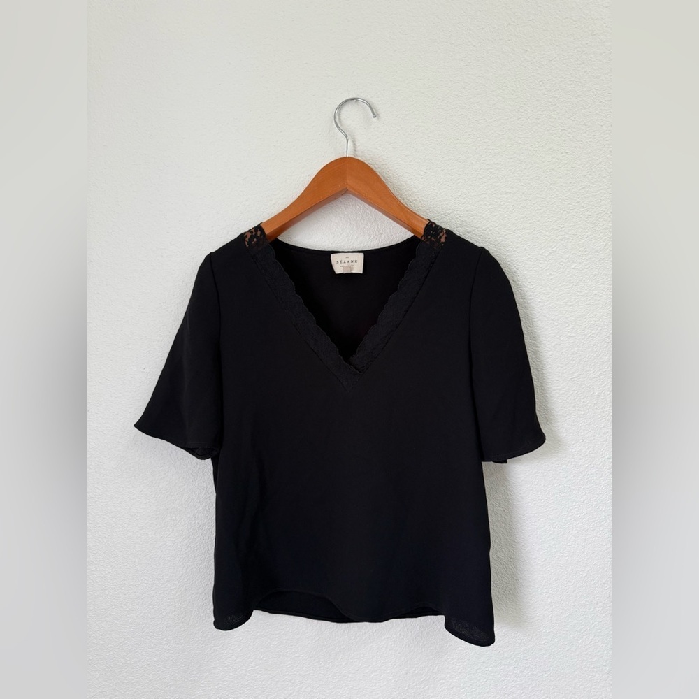 Sezane Black Lace-Trim V-Neck Top - Picture 3 of 7